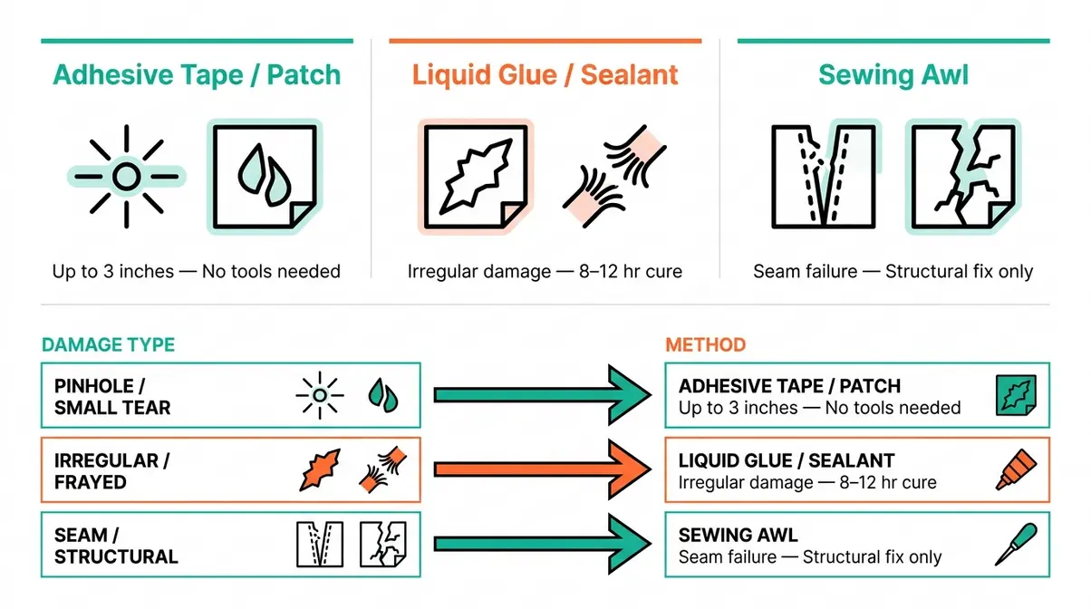 Tent trailer canvas repair method chart comparing adhesive tape patch liquid glue and sewing awl options
