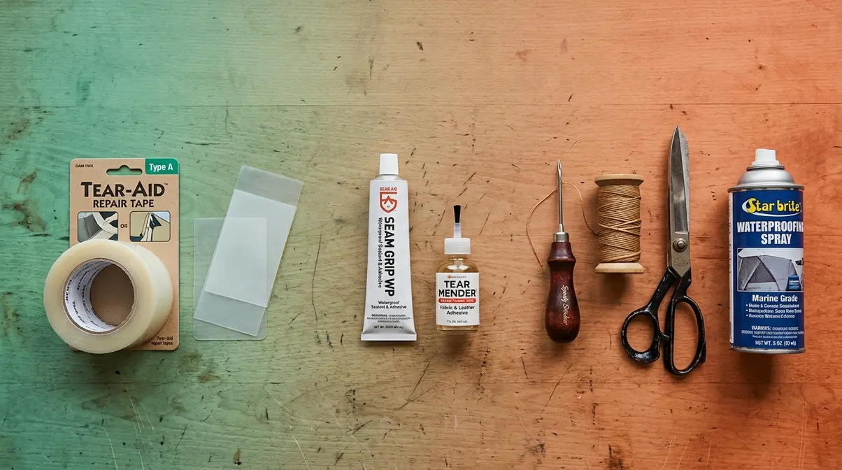 Tent trailer canvas repair tools laid out including Tear-Aid patches sewing awl Seam Grip and waterproofing spray