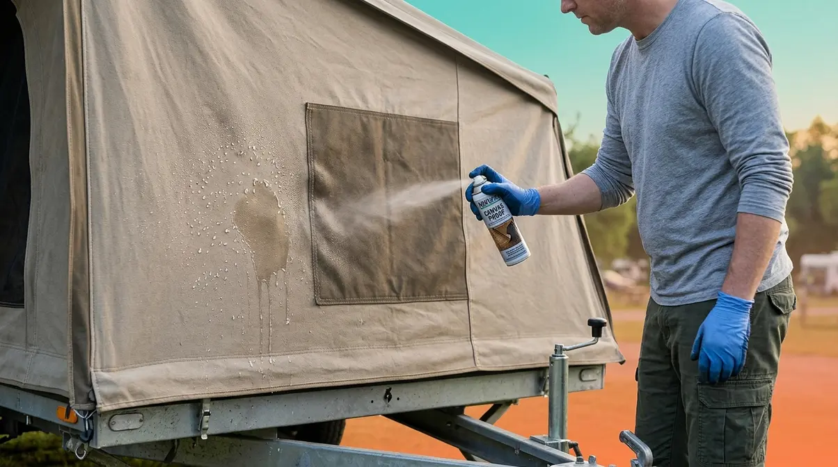 Applying waterproofing spray to tent trailer canvas after patch repair to restore DWR water repellent coating