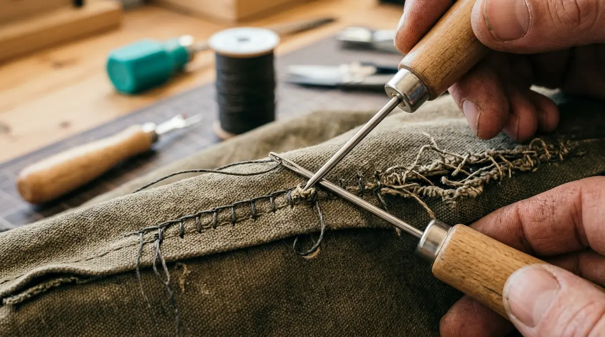 Speedy Stitcher sewing awl repairing tent trailer canvas seam with waxed thread lock stitch technique