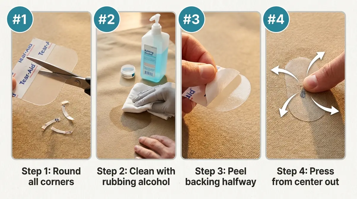 How to apply Tear-Aid tent trailer canvas repair patch step by step four panel sequence
