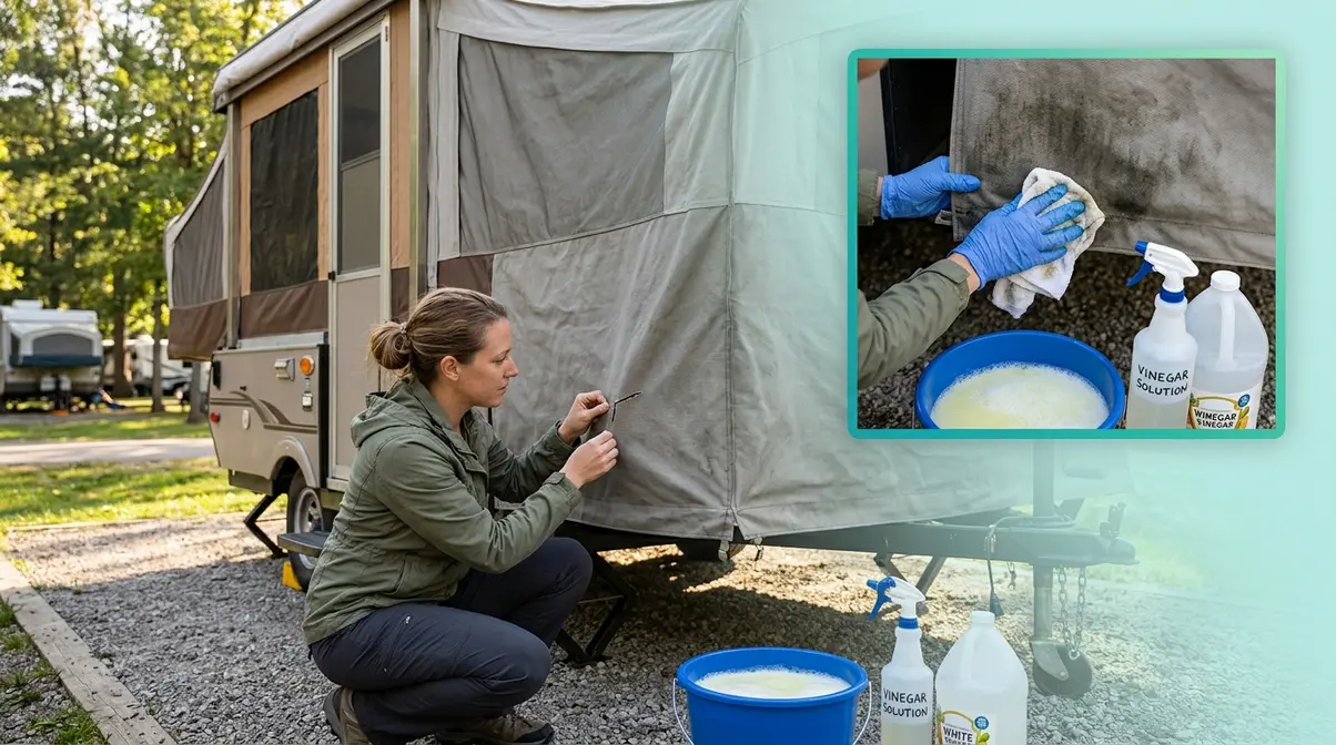 Inspecting and cleaning tent trailer canvas damage before repair with soft brush and cleaning solution