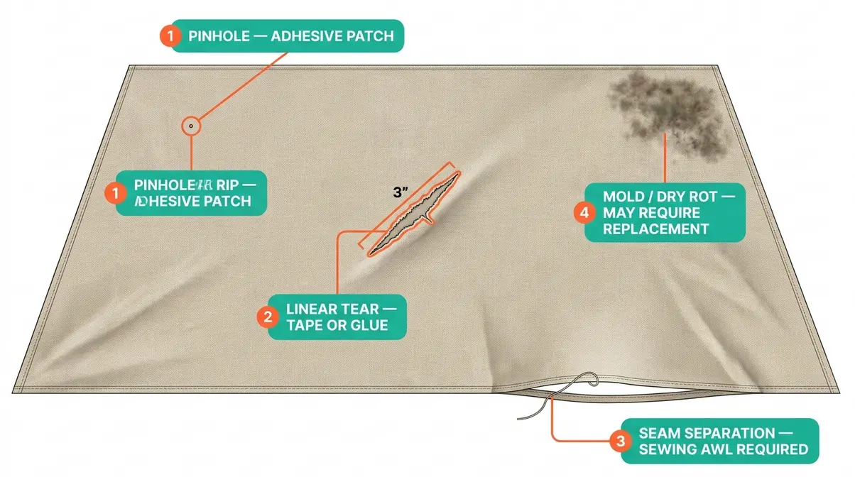 Tent trailer canvas damage types diagram showing pinhole tear seam failure and mold locations