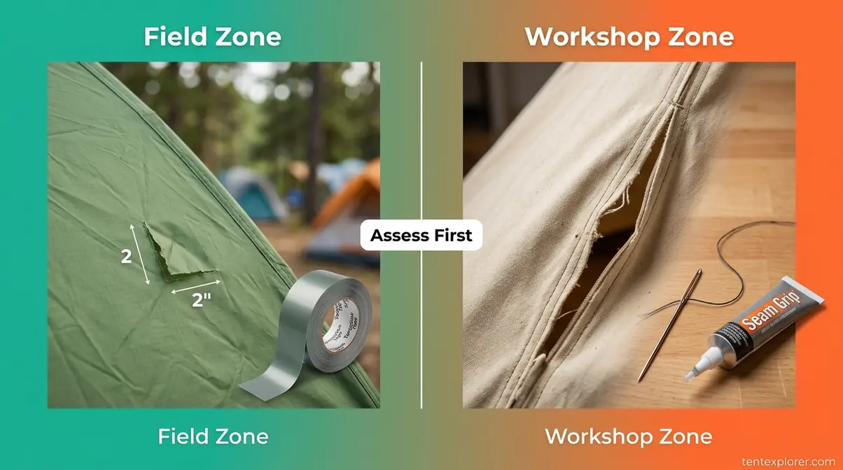 Tent damage assessment showing field zone small rip versus workshop zone large seam tear comparison