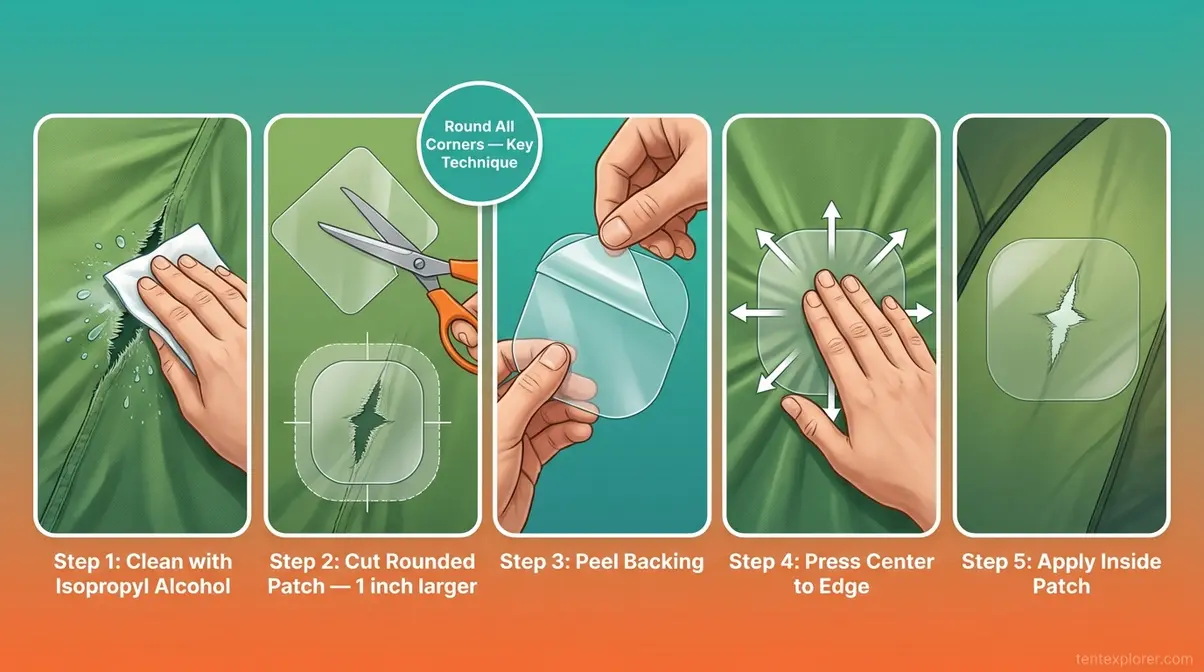Step-by-step infographic showing how to repair torn tent fabric with rounded patch corners and double-sided application