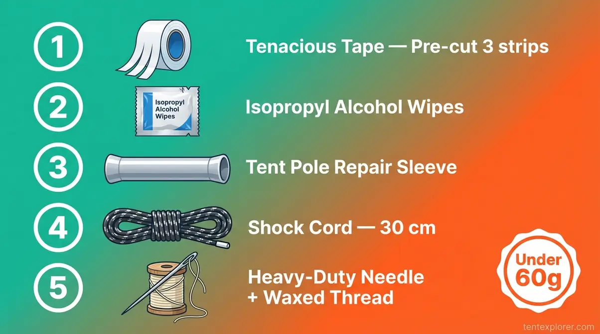 Five essential tent field repair kit items including Tenacious Tape, alcohol wipes, and repair sleeve