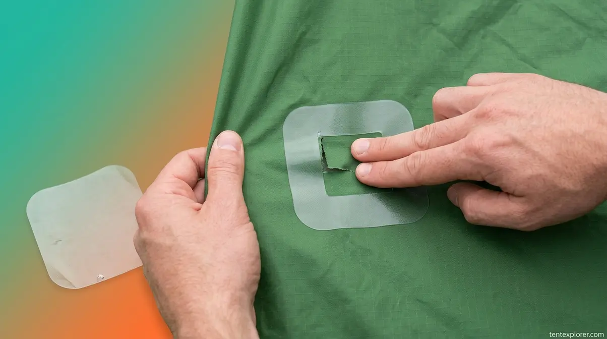 Applying rounded-corner Tenacious Tape patch to torn tent nylon fabric using center-outward technique