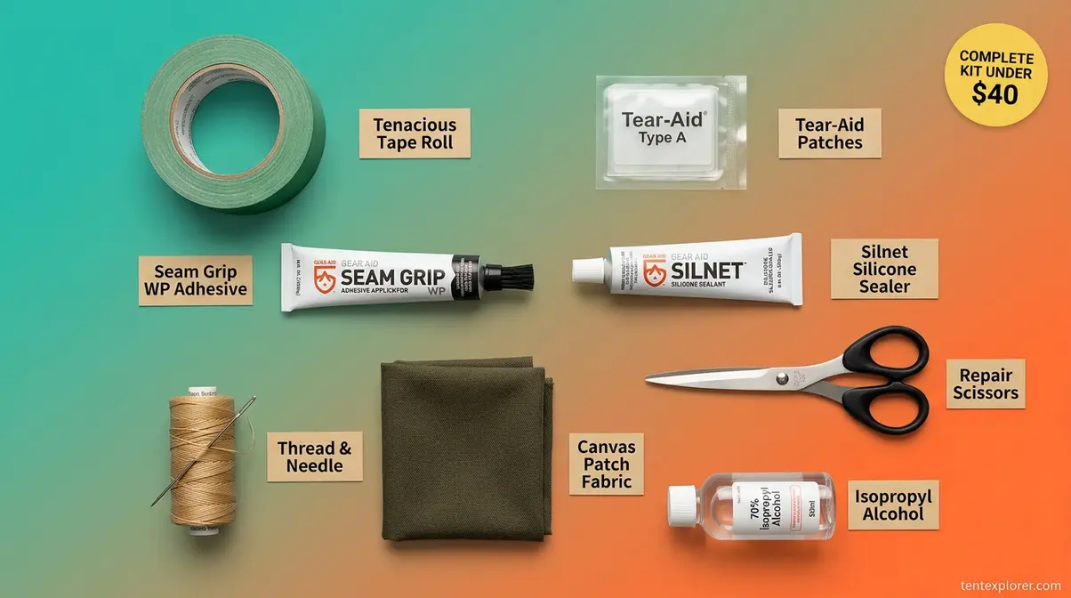 Complete home tent repair kit including Seam Grip WP, Silnet, Tenacious Tape, and canvas patch fabric