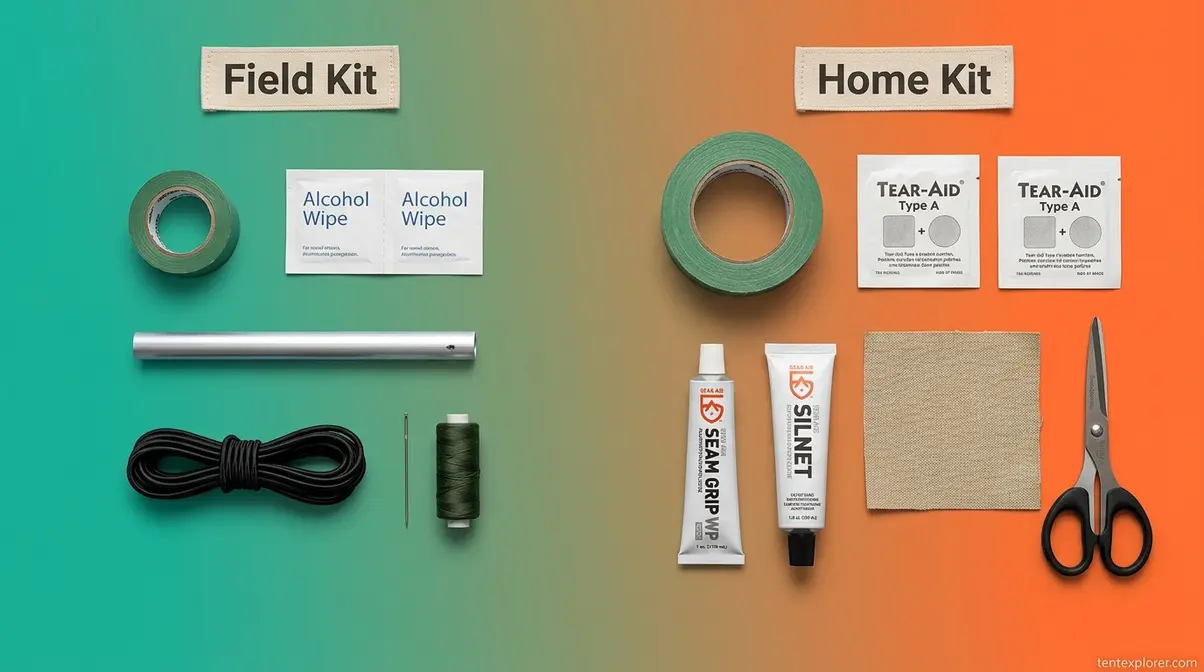 Tent repair supplies for field kit and home kit laid out including Tenacious Tape and Seam Grip