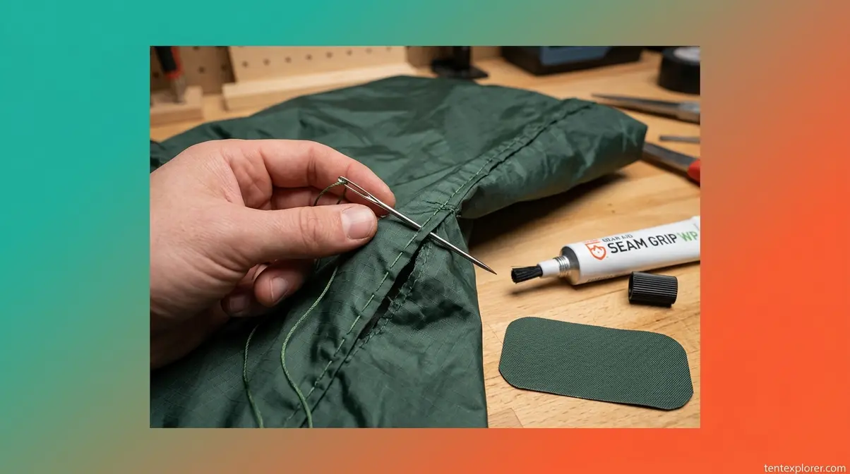 Sew-and-seal tent repair method showing needle stitching torn fabric edges before applying Seam Grip patch
