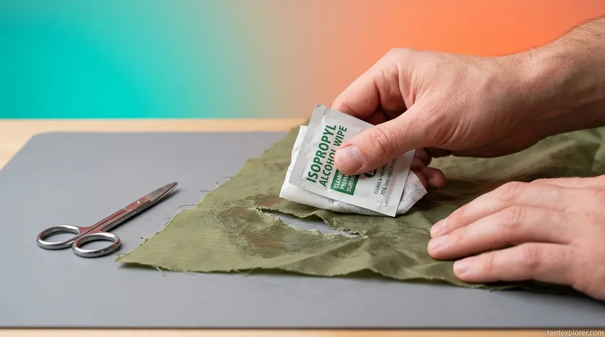 Cleaning torn tent fabric with isopropyl alcohol wipe before applying repair patch