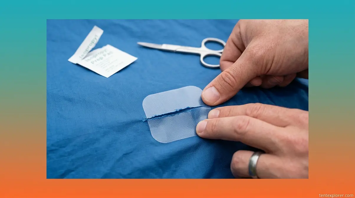 Repairing torn tent fabric by pressing rounded Tenacious Tape patch onto nylon rainfly from center outward