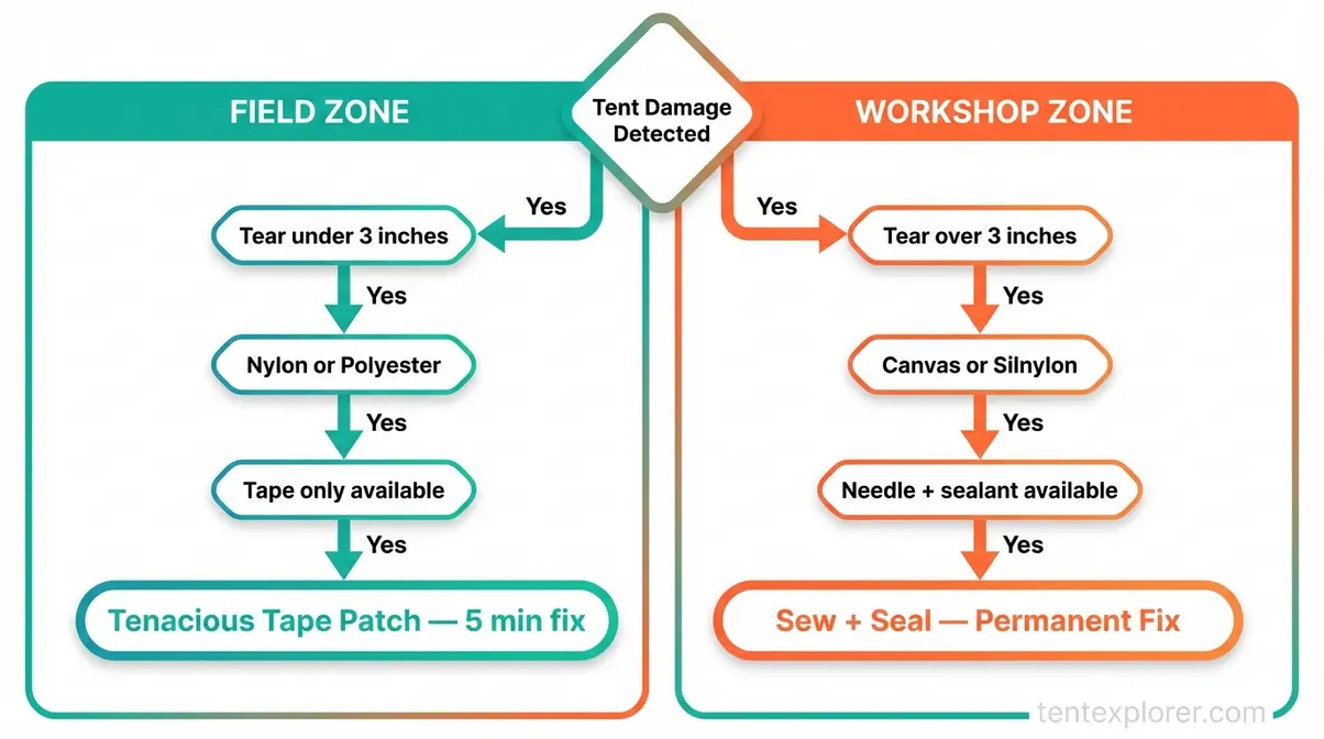 Two-zone tent repair framework flowchart showing field zone tape fixes versus workshop zone sewing repairs