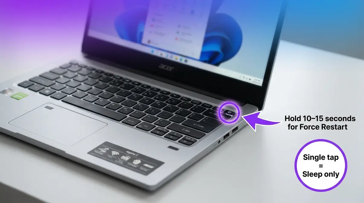 Acer Aspire 5 laptop power button location annotated showing hold duration for force restart