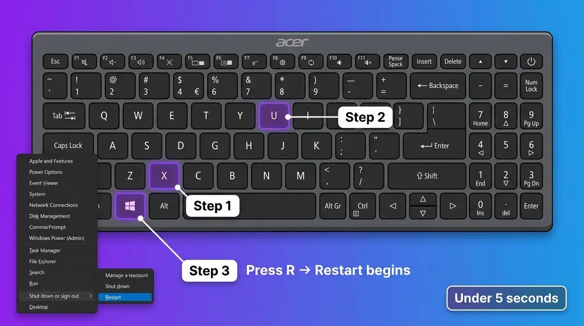 Acer laptop keyboard showing Win X shortcut sequence to restart without using a mouse or trackpad