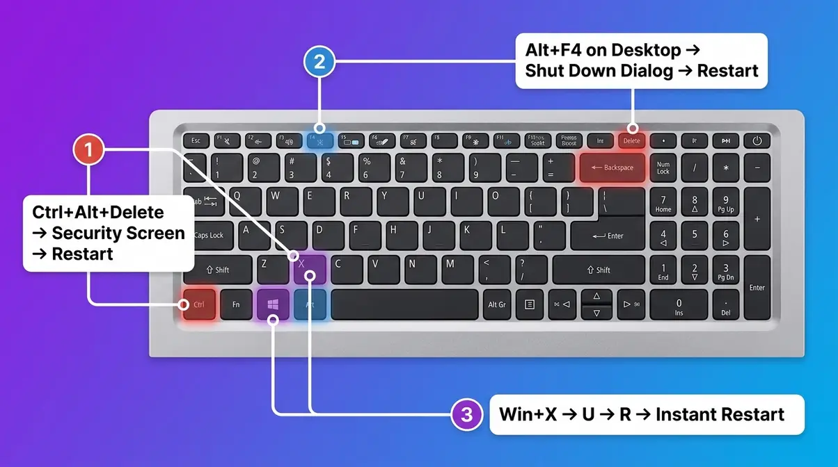 Acer laptop keyboard diagram with Ctrl Alt Delete, Alt F4, and Win X keys highlighted for restart shortcuts