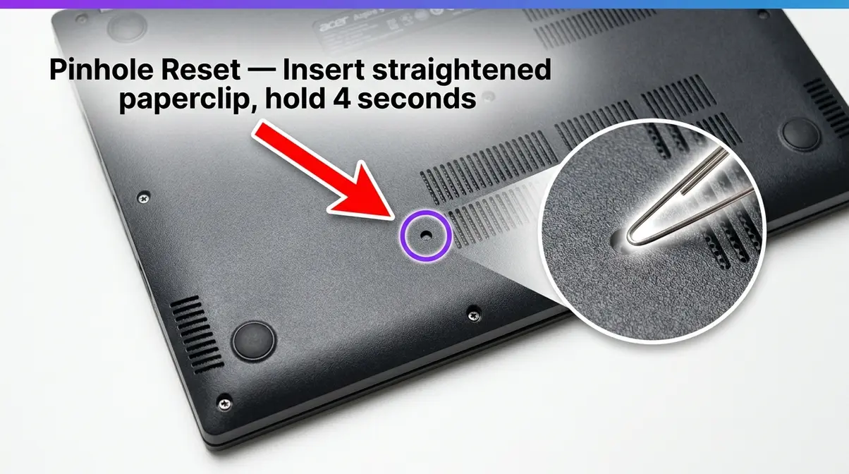 Acer Aspire 5 laptop underside showing pinhole reset location with paperclip insertion annotation