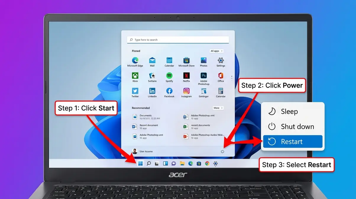 Windows 11 Start Menu showing Power icon and Restart option highlighted for Acer laptop restart