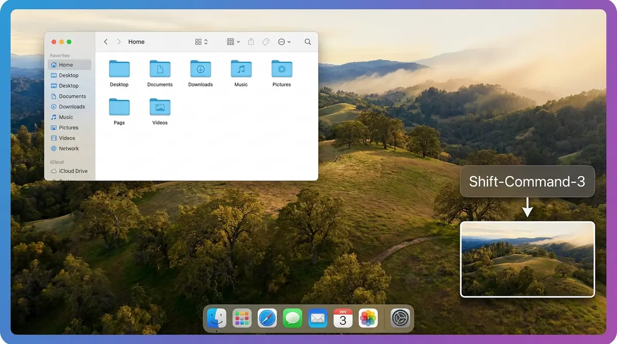 macOS Sequoia desktop showing floating screenshot thumbnail after pressing Shift-Command-3 full screen capture
