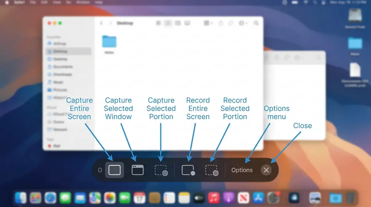 Annotated Shift-Command-5 screenshot toolbar on macOS Sequoia with all five buttons labeled clearly