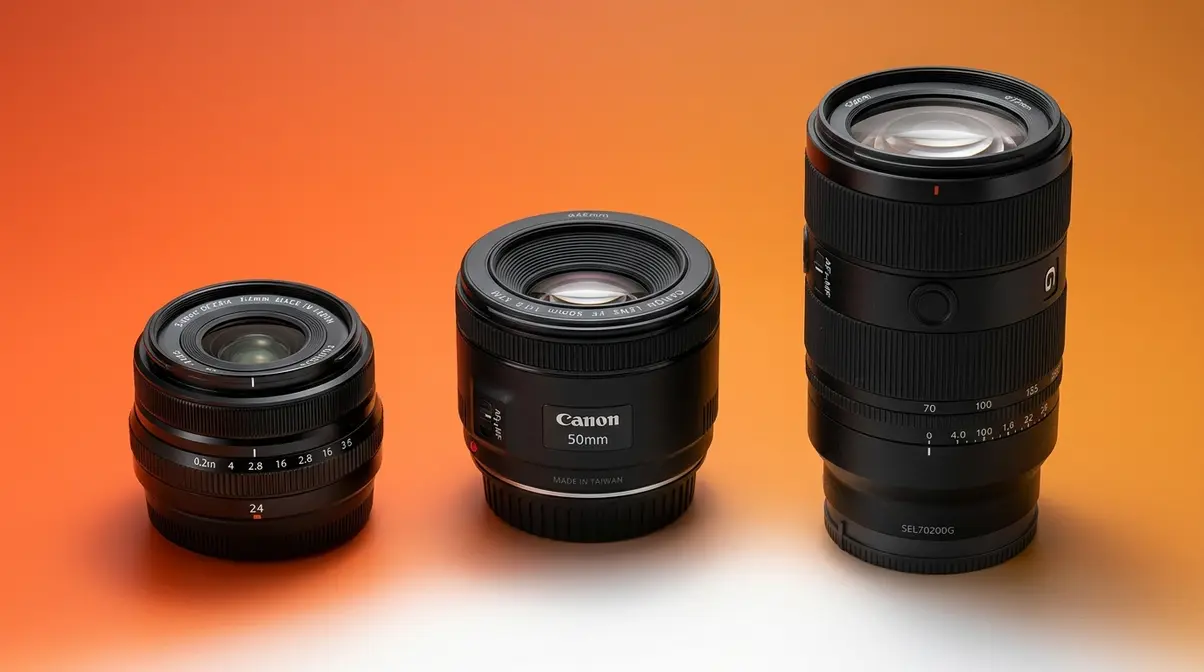 Three camera lenses for beginners arranged by size: wide-angle, standard prime, and telephoto zoom