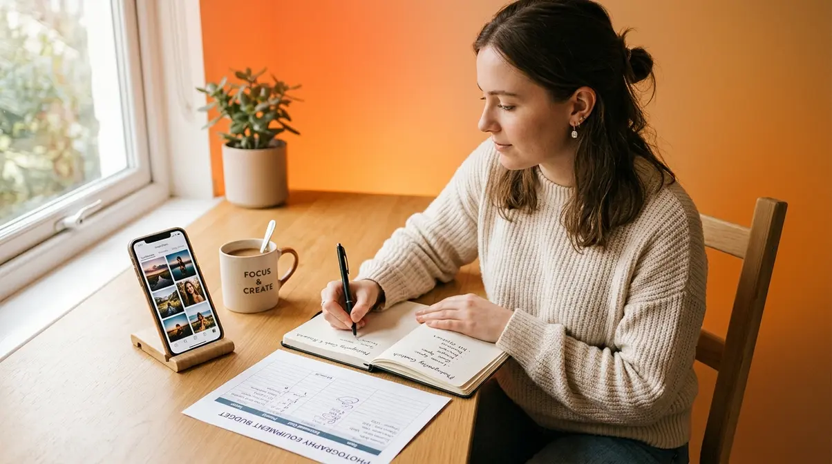 Beginner photographer planning camera gear goals and budget at a desk with notebook and phone