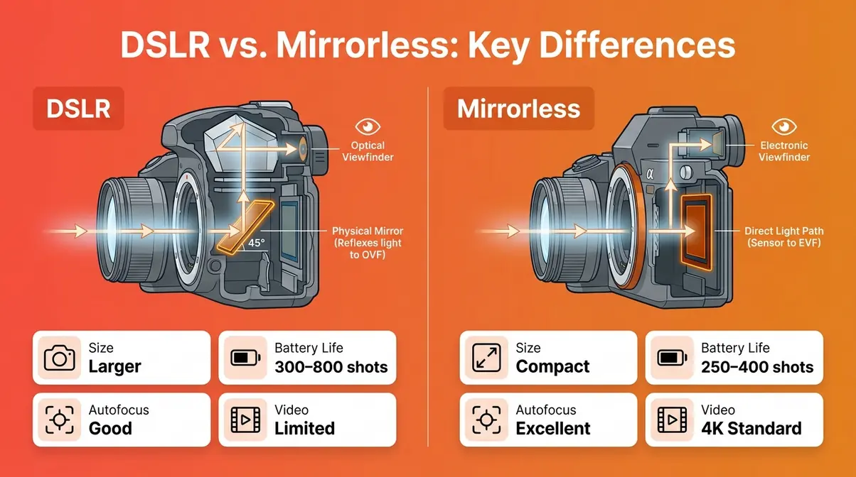 Side-by-side diagram comparing DSLR mirror mechanism versus mirrorless direct sensor design for beginners