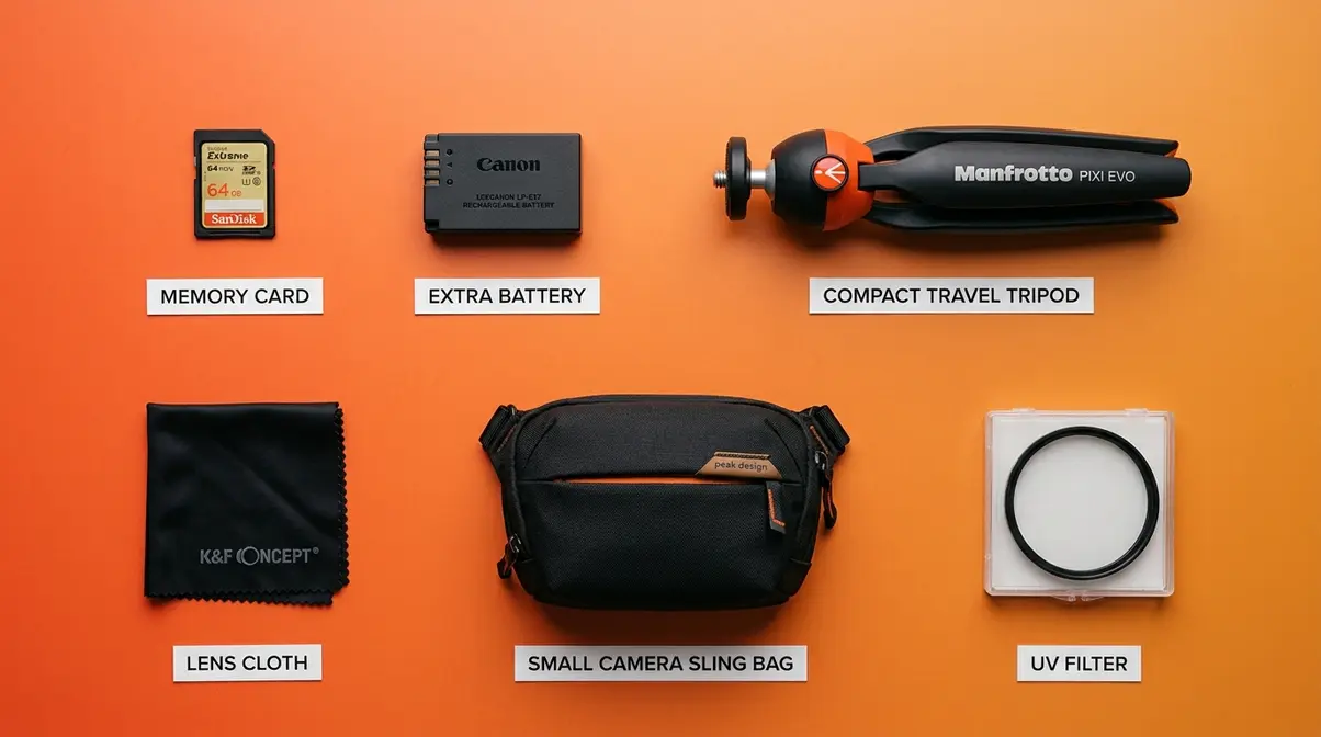 Flat-lay of essential beginner camera accessories including memory card, battery, tripod, lens cloth, bag, and UV filter
