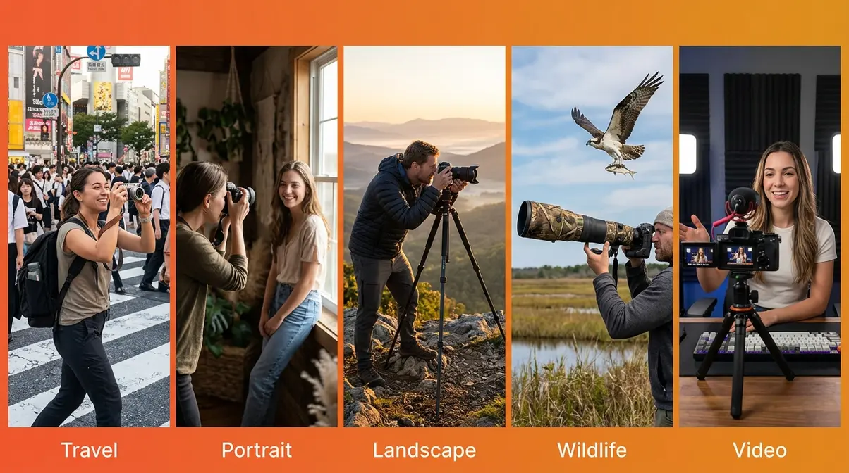 Five photography styles for beginners: travel, portrait, landscape, wildlife, and video content creation