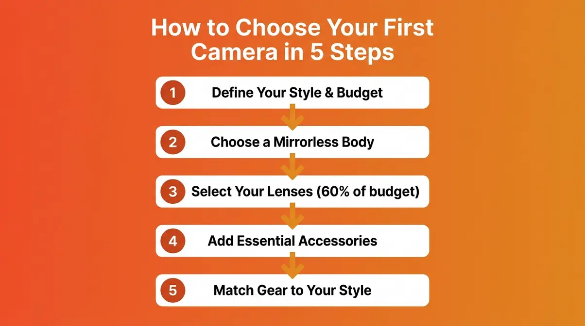 Five-step flowchart showing how to select camera gear from defining needs to matching gear to photography style