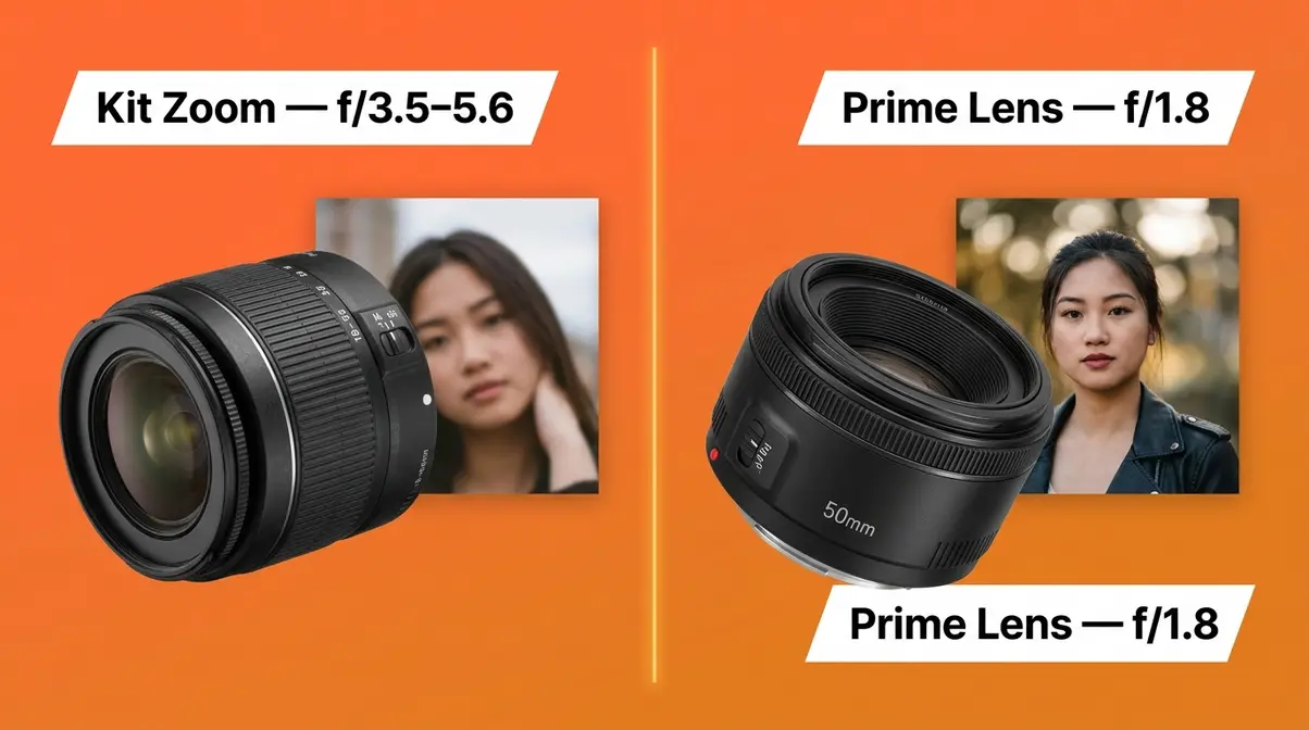 Split comparison of kit zoom lens versus 50mm prime lens showing image quality difference for beginner photographers