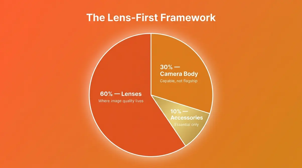 Pie chart showing Lens-First Framework budget split: 60% lenses, 30% camera body, 10% accessories