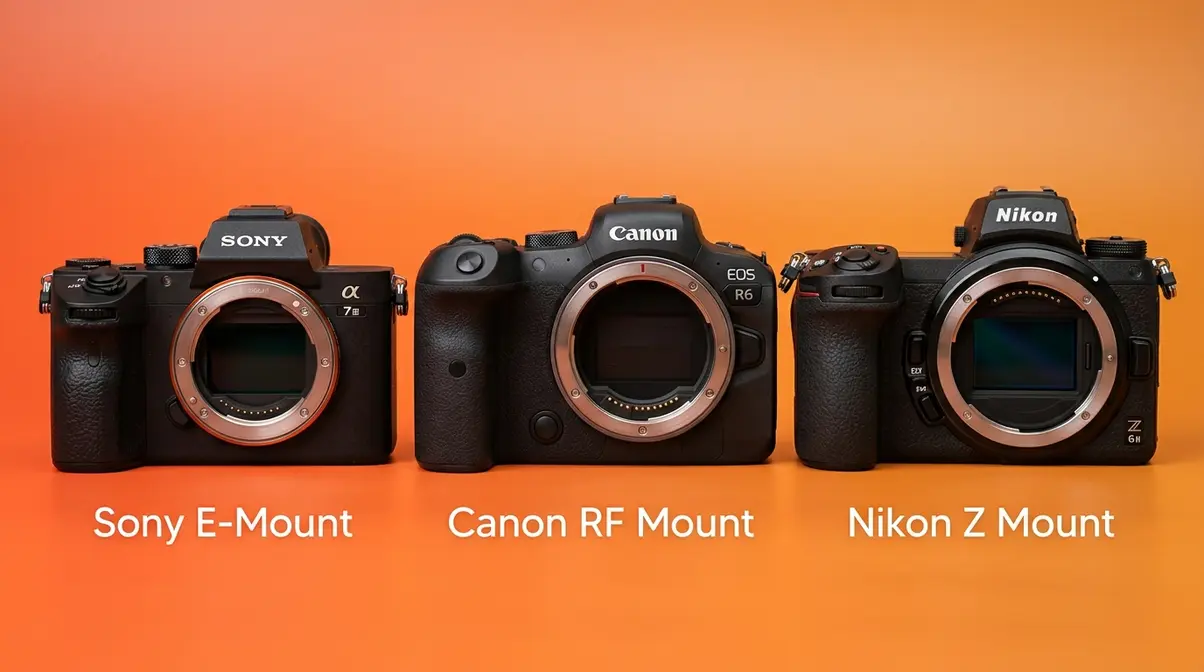 Three mirrorless camera bodies from Sony, Canon, and Nikon shown side by side for beginner comparison