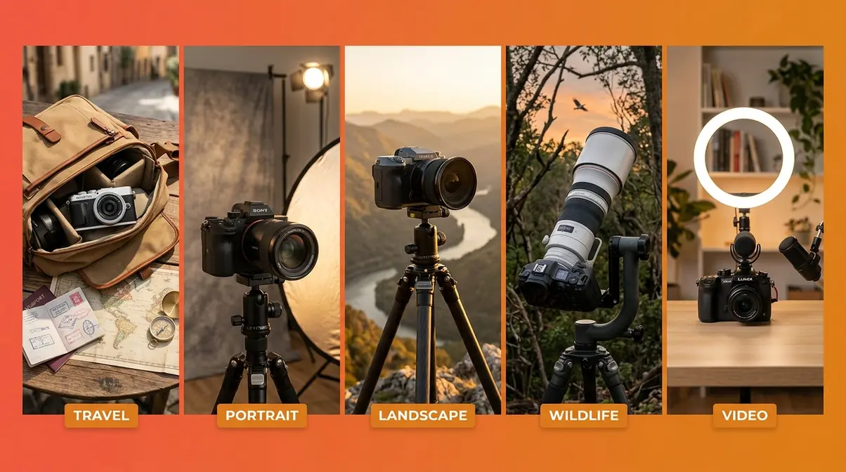 Five beginner photography gear loadouts matched to travel, portrait, landscape, wildlife, and video creation styles