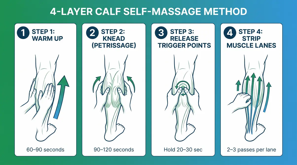 Step-by-step diagram showing how to self massage calves using the 4-Layer Method with hand placement