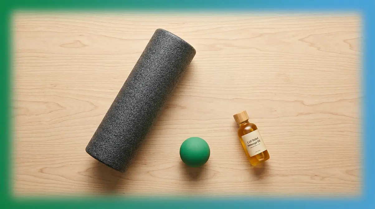 Calf massage equipment laid out including foam roller, lacrosse ball, and massage oil
