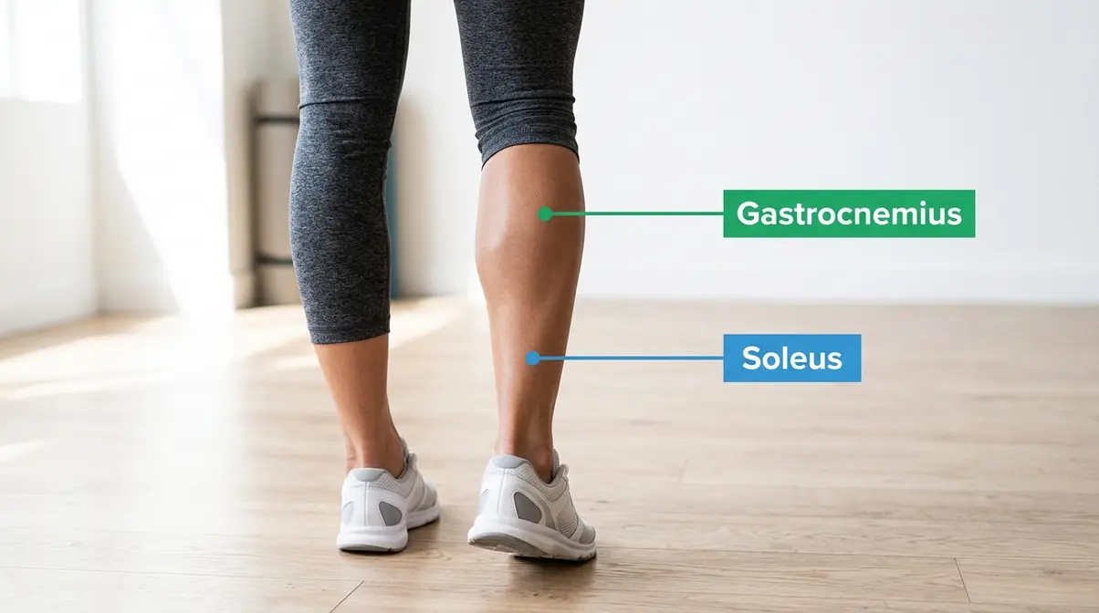 Back of a person's calf showing gastrocnemius and soleus muscle locations with labels