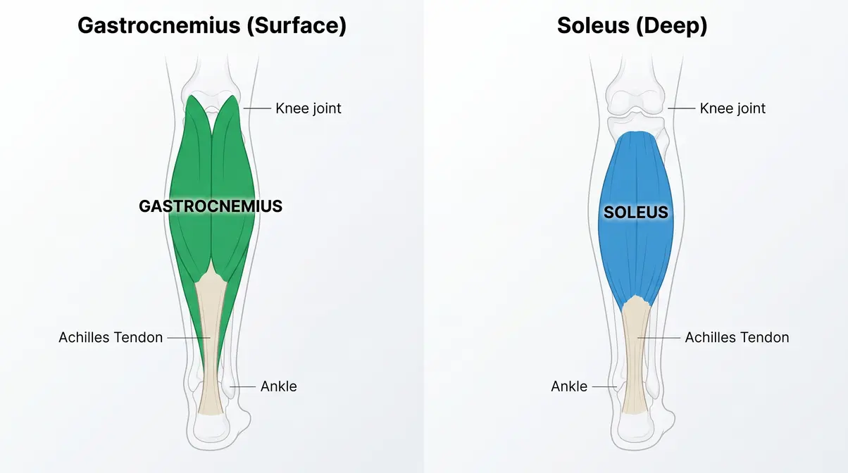 Anatomy diagram showing gastrocnemius and soleus calf muscles with massage targeting labels