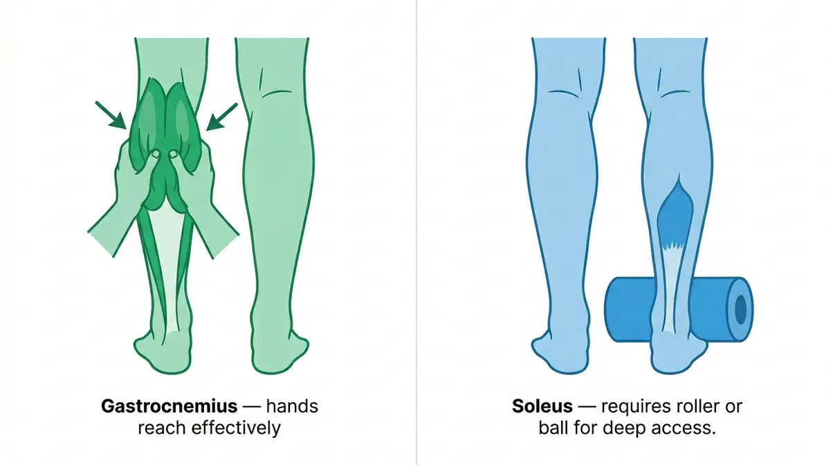 Comparison showing hands reaching gastrocnemius versus foam roller needed for deep soleus access