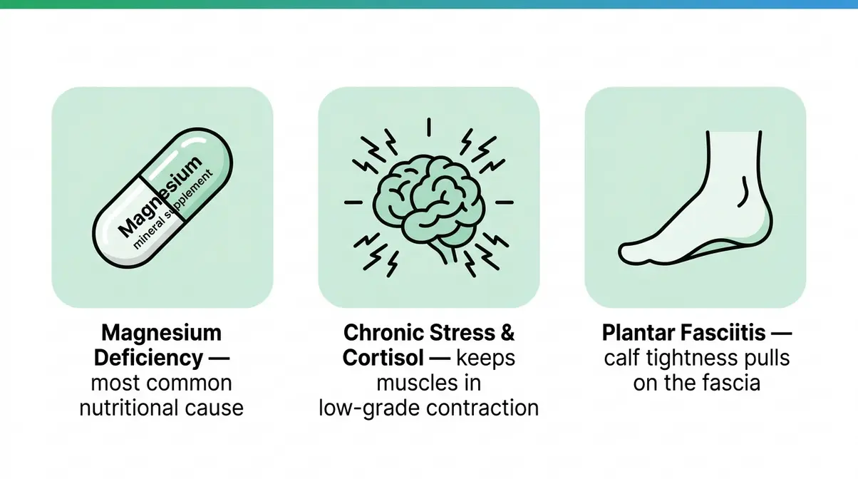 Three root causes of tight calves illustrated: magnesium deficiency, chronic stress, and plantar fasciitis