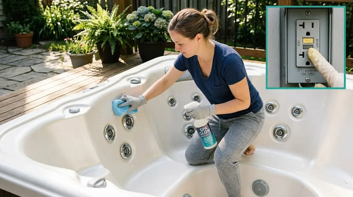 How to Sell a Used Hot Tub: 4 Steps to a Fast Sale 4 Person cleaning drained hot tub shell with spa cleaner and inspecting GFCI breaker panel