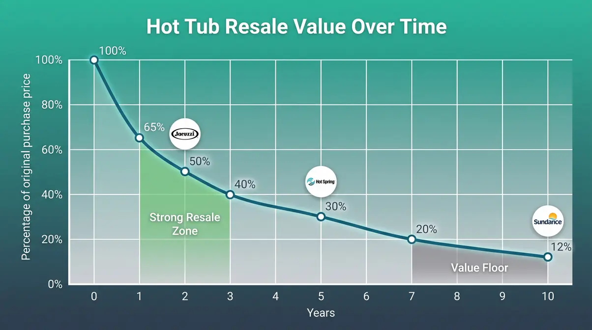 How to Sell a Used Hot Tub: 4 Steps to a Fast Sale 3 Line chart showing used hot tub resale value declining from 100% at purchase to 12% at year ten