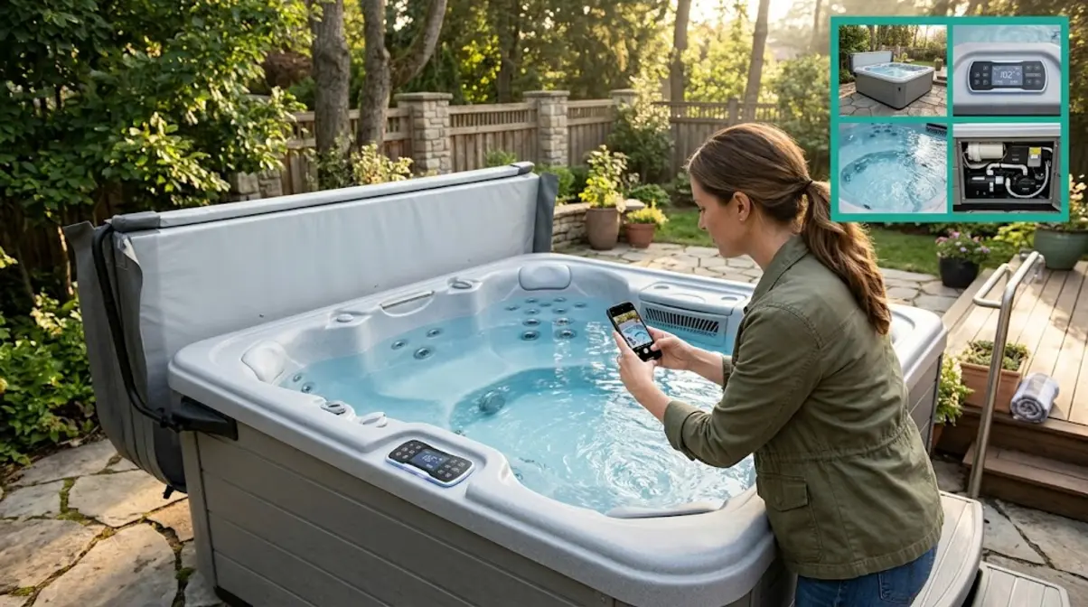 How to Sell a Used Hot Tub: 4 Steps to a Fast Sale 6 Person photographing used hot tub with smartphone showing control panel and jets for online listing