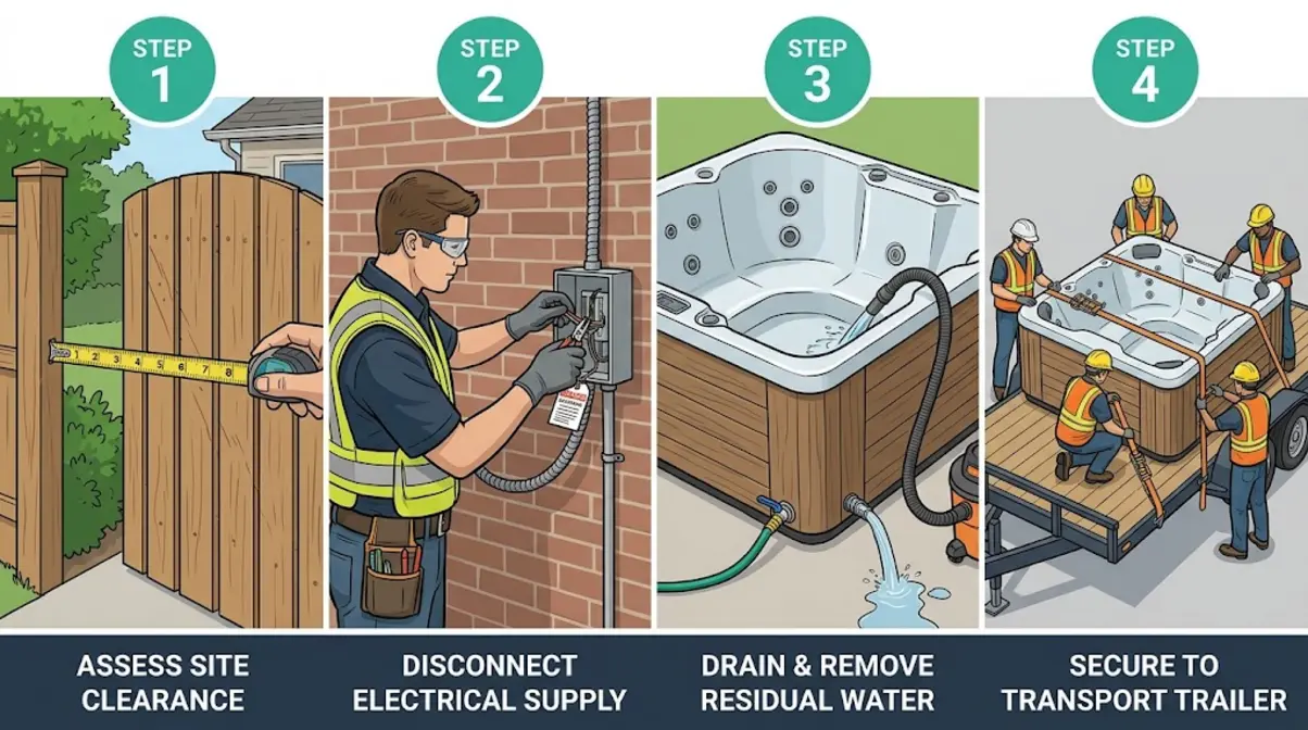 How to Sell a Used Hot Tub: 4 Steps to a Fast Sale 11 Four-step hot tub removal process showing gate measurement, electrician disconnect, draining, and loading onto trailer