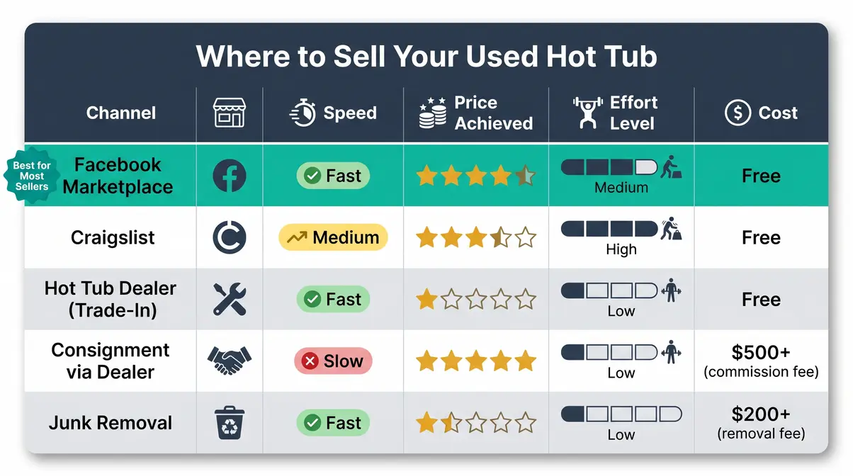 How to Sell a Used Hot Tub: 4 Steps to a Fast Sale 8 Comparison table of five hot tub sales channels showing speed, price, effort, and cost for each option