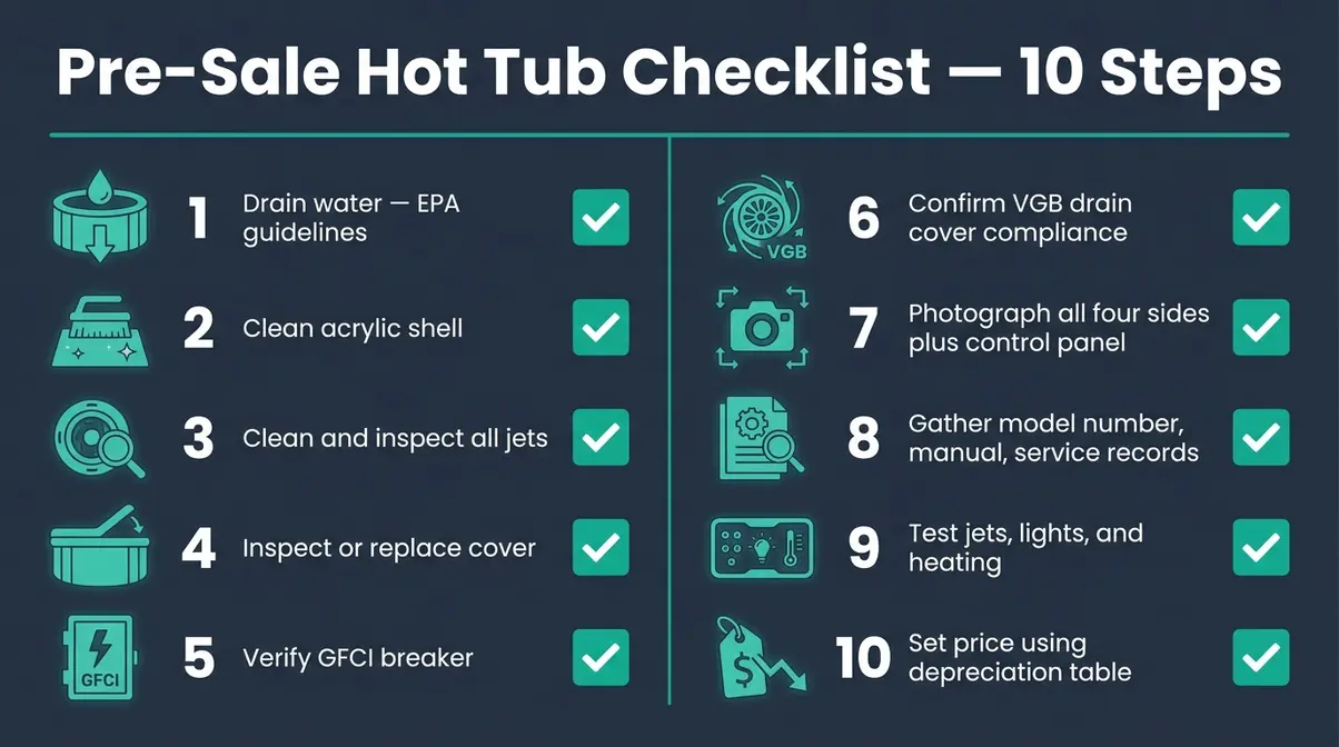 How to Sell a Used Hot Tub: 4 Steps to a Fast Sale 5 Ten-point pre-sale checklist for preparing a used hot tub before listing it for sale