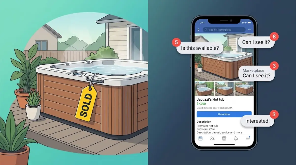How to Sell a Used Hot Tub: 4 Steps to a Fast Sale 1 Sold hot tub on deck beside smartphone showing multiple buyer inquiries on Facebook Marketplace
