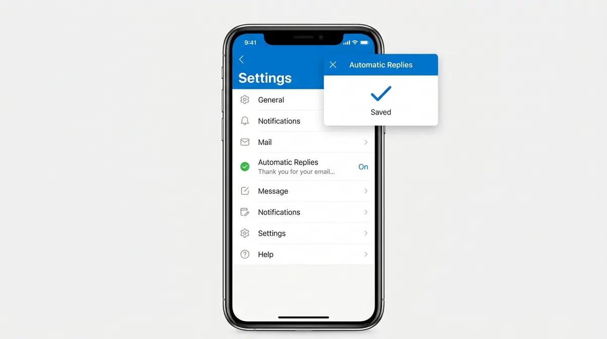 Outlook iPhone account settings screen showing Automatic Replies status confirmed as active after saving with checkmark
