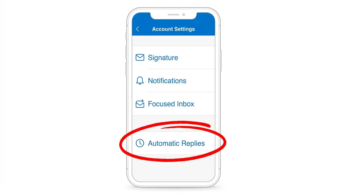 Outlook iPhone account settings screen with Automatic Replies menu item circled in red for easy identification