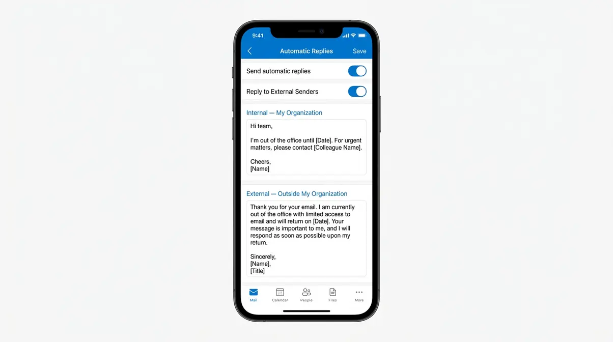 Outlook iPhone Automatic Replies screen showing separate internal and external message fields both enabled for different audiences